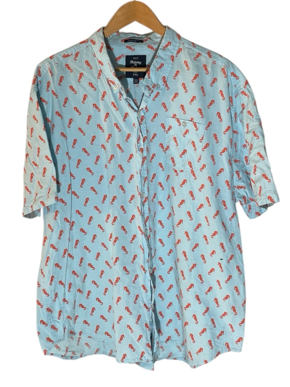 A6- Seahorse Light Blue Button-Down Shirt with Red Seahorse Print XXL